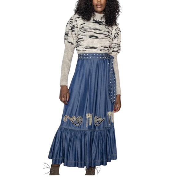 Carolina K Rosa Chambray Embroidered Midi Skirt Size S - Picture 2 of 14